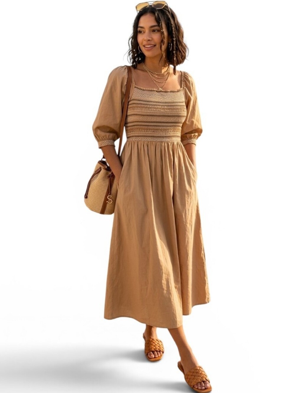 Old Navy Tan Smocked Cotton Midi Dress SZ S